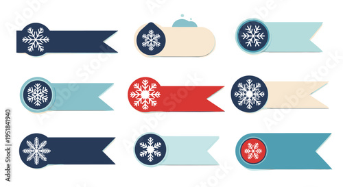 Set of nine decorative ribbon banners in blue red and beige colors featuring white snowflake icons for winter holidays and seasonal sale designs.