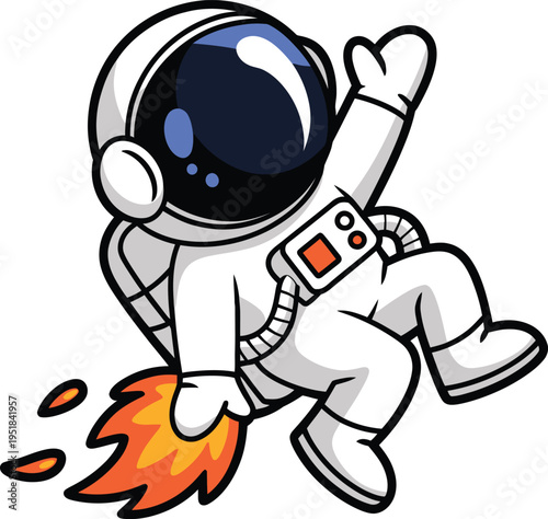Cartoon astronaut in white space suit with orange flame coming out of rocket pack