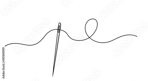 Minimalist line drawing of a sewing needle with a thin black thread forming a loop over a plain white background for tailor and fashion concepts.