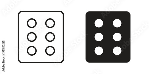Dice six icon set in black outline and fill. Editable icons