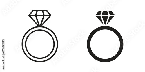 Diamond ring icon set in black outline and fill. Editable icons