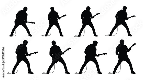 A man playing an electric guitar in different poses