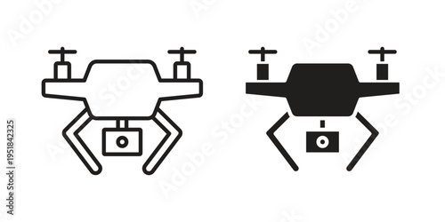 Drone icon set in black outline and fill. Editable icons