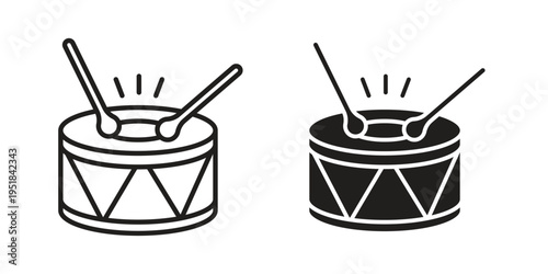Drum icon set in black outline and fill. Editable icons