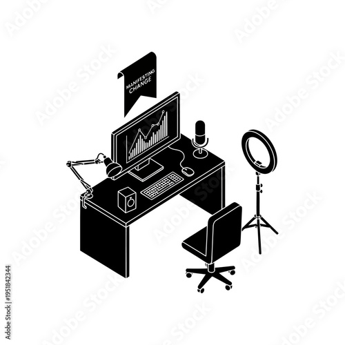 Home office setup with computer, microphone, and ring light for podcasting or online streaming
