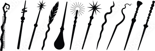 Magic wand silhouette illustration, twelve unique fantasy designs with starburst, spiral, and ornate tips, wizardry theme, vector art, black isolated bold composition for mystical visuals