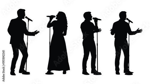 Four silhouettes of people singing into microphones