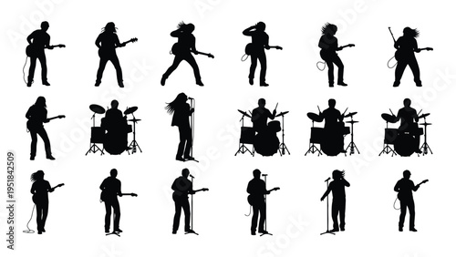 A collection of black silhouettes of people playing musical instruments