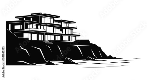 A striking black and white illustration depicts a modern house perched on a cliff overlooking the ocean silhouette high quality professional