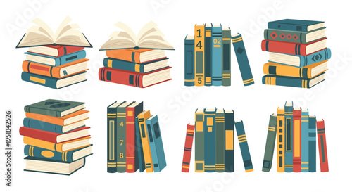 Diverse set of book arrangements including tall stacks, open books, and vertical rows in a variety of colorful covers.