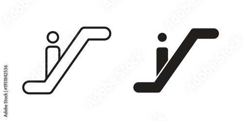 Escalator icon set in black outline and fill. Editable icons