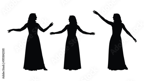 Three women in long dresses with arms outstretched