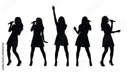 Five women singing with microphones in different poses