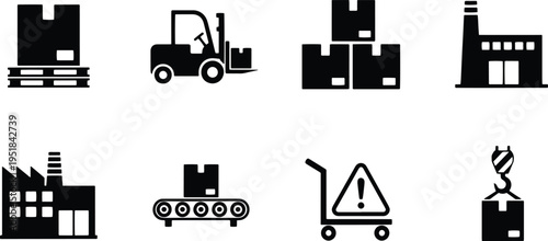 A set of vector line art silhouettes depicting industrial and warehouse icons and equipment in a bundle