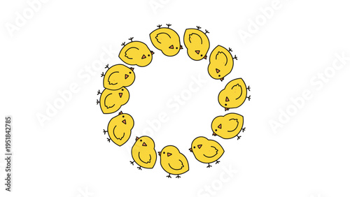 Circular frame border made of many small cute yellow baby chicks walking in a ring on a white background.