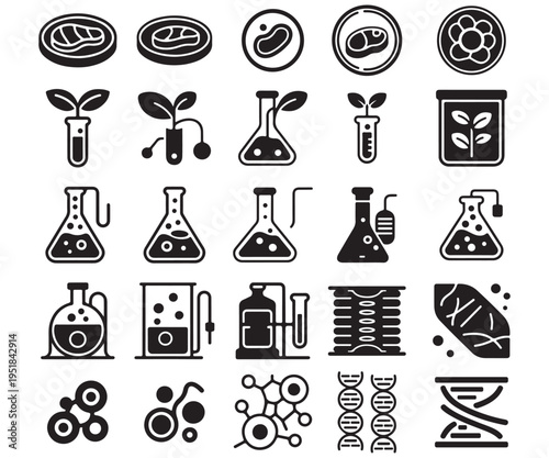 Lab Grown Meat and Biotechnology Icon Set with Cultured Cell and DNA Lab Equipment Elements
