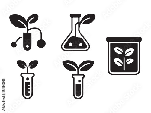 Plant Biotechnology and Future Agriculture Icon Set with Lab Growth and Test Tube Elements