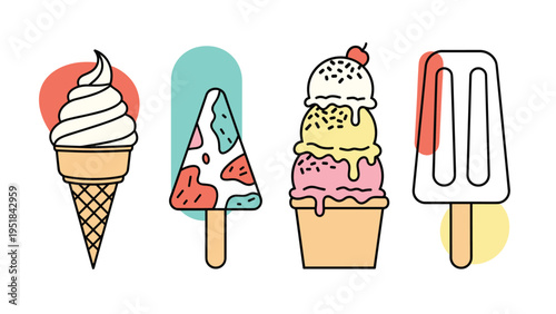 Four different types of delicious ice cream including a soft serve cone, popsicle, sundae, and an ice cream bar.