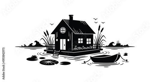 A quaint black house floats on water with reeds a small boat and distant birds a striking silhouette high quality professional