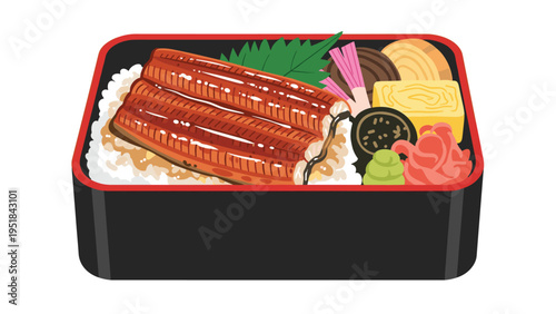 Traditional Japanese unagi bento box featuring grilled eel on rice with ginger, egg, and vegetable garnishes.