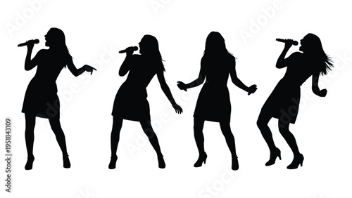 Four women singing with microphones