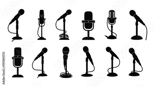 A collection of various microphones on stands