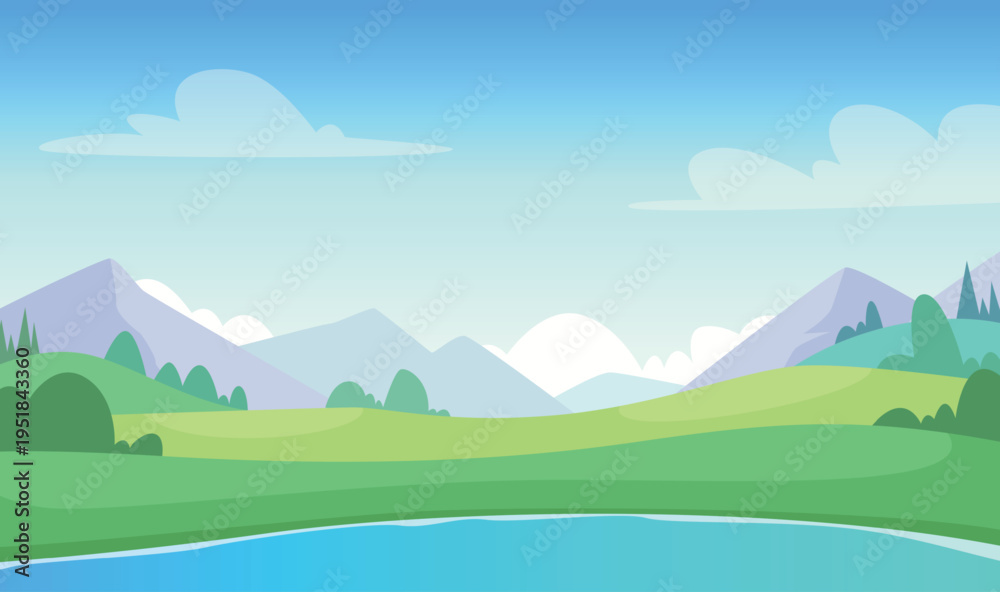Fototapeta premium Hills background. cartoon landscape with mountain and lake outdoor