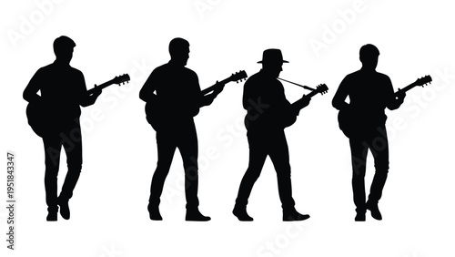 Four musicians playing guitars and a trumpet