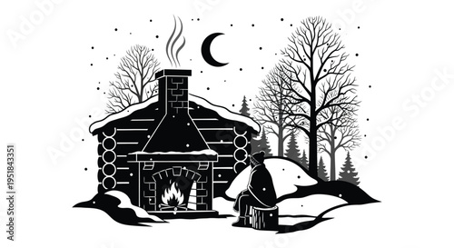 A cozy cabin scene with a crescent moon and snowy landscape is depicted in a striking silhouette high quality professional detailed