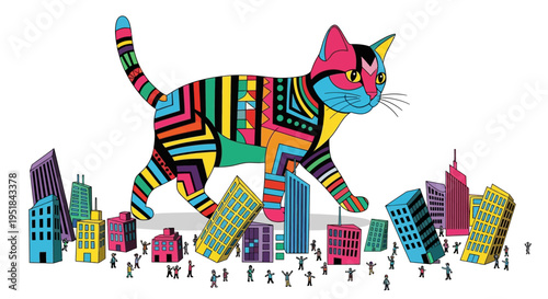 Vibrant creative disruption concept showing a giant geometric cat dominating a colorful cityscape to represent bold brand presence and market leadership