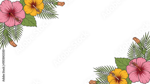 Hibiscus flower corner decorations with pink and yellow blossoms and green palm leaves on a white background.
