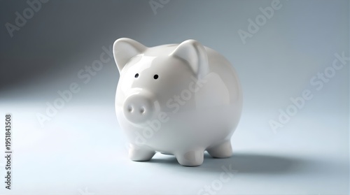A white ceramic piggy bank sits on a light blue surface in a studio