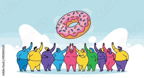 Diverse creative team collaborating towards a shared goal and collective reward in a modern corporate culture concept illustration