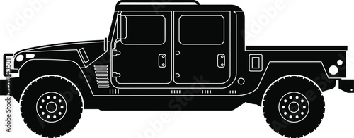 Military vehicle silhouette illustration, rugged utility Humvee side profile with large tires and cargo area, tactical transport theme, vector art, black isolated bold design