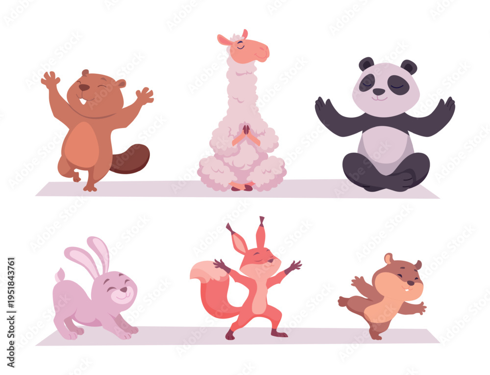 Naklejka premium Yoga animals. Funny cute animals sitting in yoga asana exact vector outdoor workout exercises-01