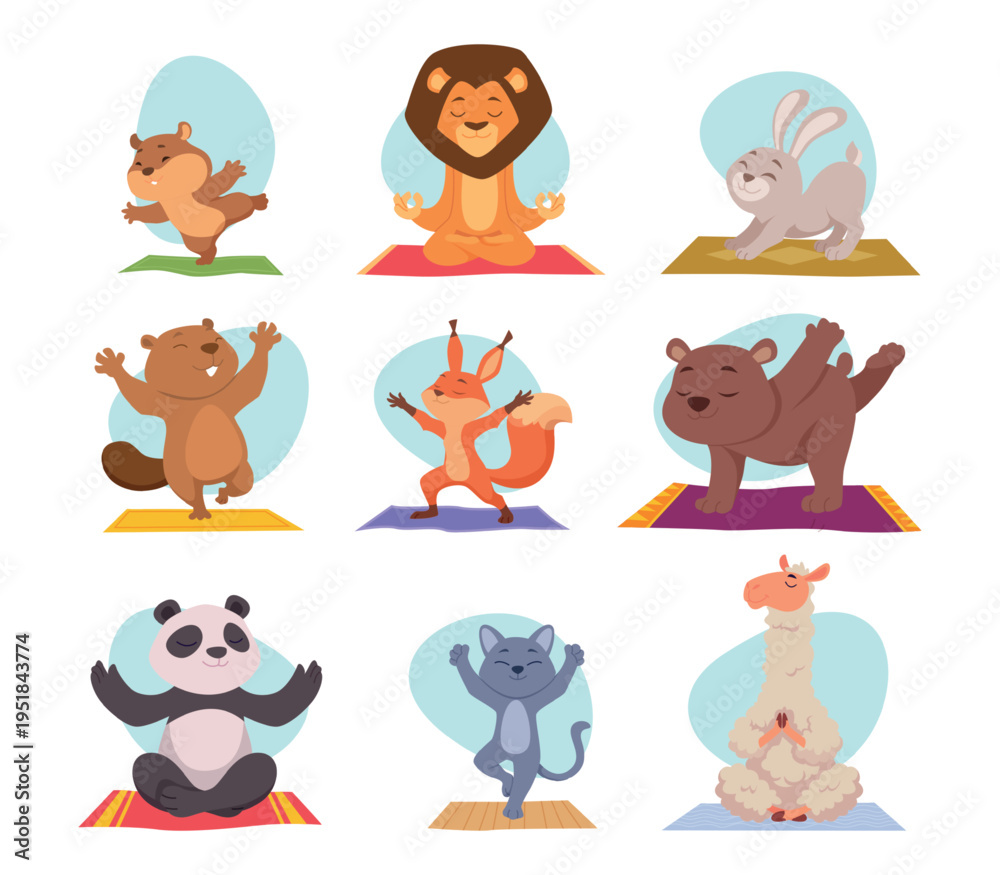 Naklejka premium Yoga animals. Animals making outdoor workout exercises and sitting in yoga poses exact vector cartoon characters-01