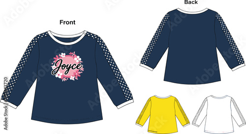 Professional Long Sleeve T-shirt Mockup Featuring Navy Top with Polka Dot Sleeves and Floral Joyce Graphic for Apparel Branding and Custom Merchandise