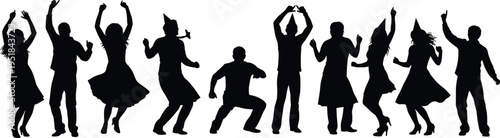 Group of happy people silhouettes wearing party hats dancing and celebrating at a birthday event or disco club on white background