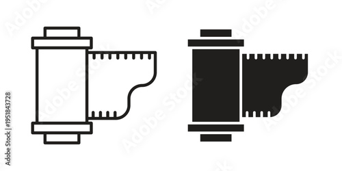 Film canister icon set in black outline and fill. Editable icons