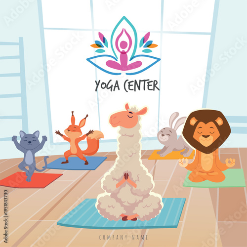 Yoga. wild animals in cartoon style making yoga exercises in room