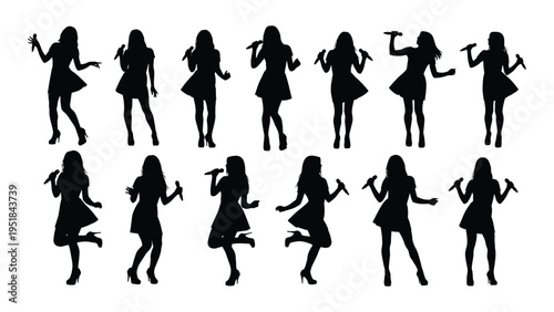 Set of silhouettes of women dancing and posing