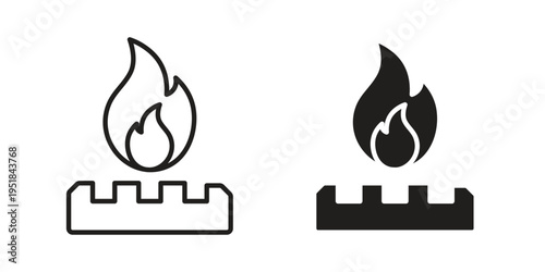 Fire burner icon set in black outline and fill. Editable icons