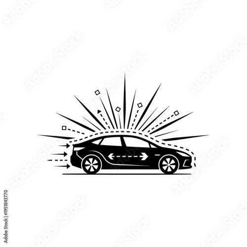 Black silhouette of a speeding car with dynamic motion lines and arrows, conveying speed and movement.