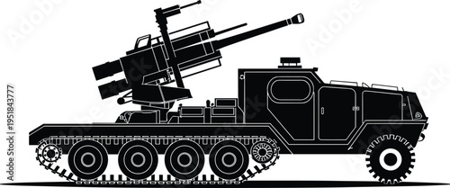Military vehicle silhouette illustration, modern artillery gun mounted on hybrid wheel and track system, combat technology theme, vector art, black isolated bold design for defense visuals