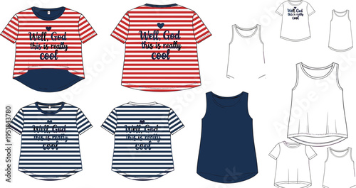 Professional Striped T-shirt Mockup Set Featuring Red and Navy Tees with Custom Typography and Tank Top Templates for Apparel Branding and Merchandise Graphics