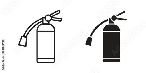 Fire extinguisher icon set in black outline and fill. Editable icons