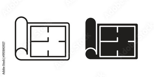Floor plan icon set in black outline and fill. Editable icons