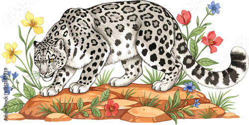 Professional Snow Leopard Vector Illustration Featuring Big Cat on Rocky Terrain with Vibrant Wildflowers for Wildlife Conservation and Natural Science Graphics