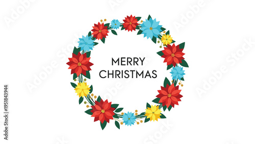 Christmas wreath made of red poinsettias and blue flowers with merry christmas text in the center for holiday seasonal celebrations.