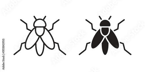 Fly insect icon set in black outline and fill. Editable icons